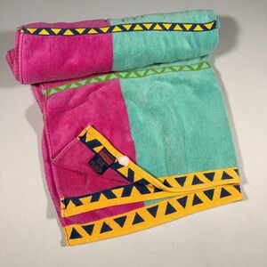 Vtg Cecil Saydah Beach Towel Pink Teal Colorblock 90s Geometric Cotton Sunbright